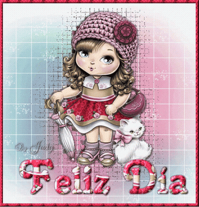 A Picture Of A Little Girl Holding An Umbrella And A Cat With Feliz Dia Written On The Bottom GIF