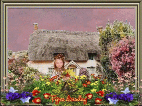 A Picture Of A Little Girl In Front Of A Thatched House With The Words Fijne Dinsdag Written On It GIF