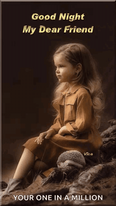 A Picture Of A Little Girl Sitting Next To A Hedgehog With The Words " Good Night My Dear Friend " GIF
