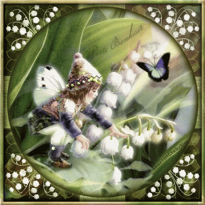 A Picture Of A Little Girl With A Butterfly And The Words " Petit Bonheur " GIF