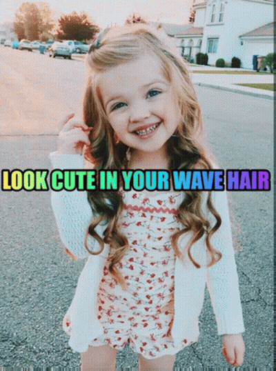 A Picture Of A Little Girl With The Words Look Cute In Your Wave Hair Above Her GIF
