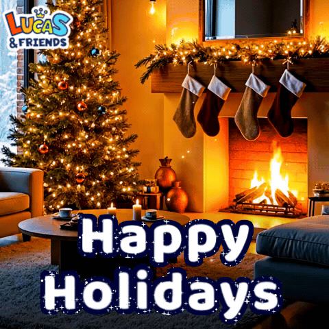 A Picture Of A Living Room With A Christmas Tree And Fireplace And The Words Happy Holidays GIF