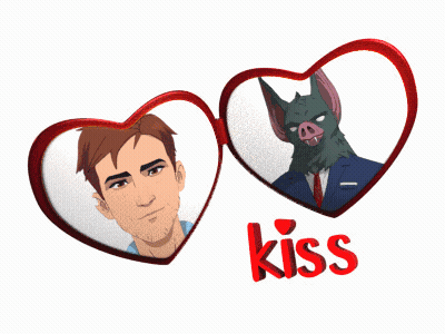 A Picture Of A Man And A Bat With The Word Kiss Underneath GIF