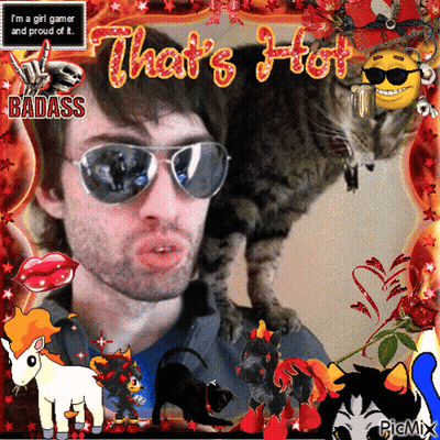 A Picture Of A Man And A Cat That Says That 'S Hot GIF
