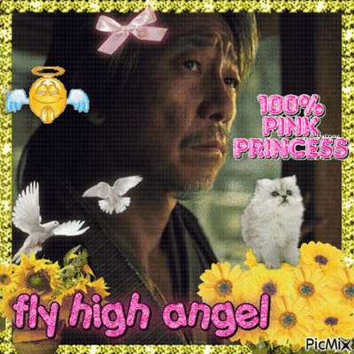 A Picture Of A Man And A Cat With The Words Fly High Angel GIF