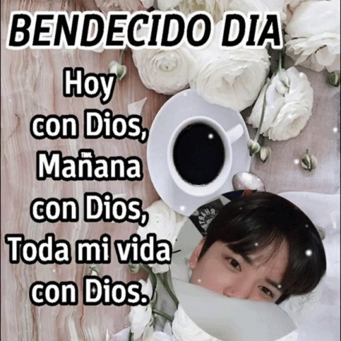 A Picture Of A Man And A Cup Of Coffee With The Words Bendido Dia On Top GIF
