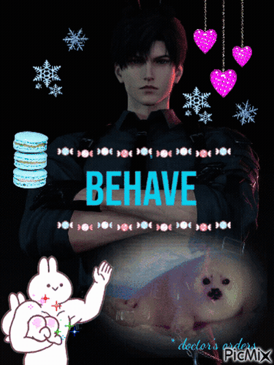 A Picture Of A Man And A Dog With The Word Behave In Blue GIF