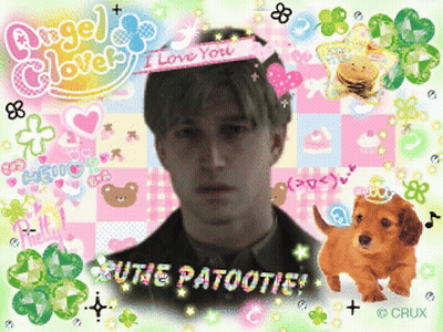 A Picture Of A Man And A Dog With The Words " Cutie Patootie " On It GIF