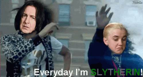 A Picture Of A Man And A Girl With The Words " Everyday I 'M Slytherin " GIF