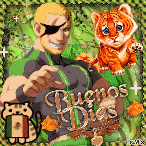 A Picture Of A Man And A Tiger With The Words Buenos Dias GIF