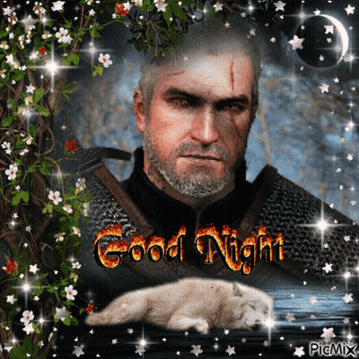 A Picture Of A Man And A Wolf With The Words Good Night On It GIF