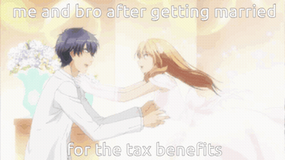 A Picture Of A Man And A Woman Hugging With The Caption " Me And Bro After Getting Married For The Tax Benefits " GIF