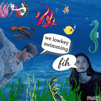 A Picture Of A Man And A Woman In The Water With A Speech Bubble That Says We Lowkey Swimming Fich GIF