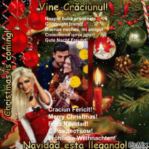 A Picture Of A Man And A Woman With Christmas Decorations And The Words Vine Craciunul GIF