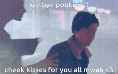 A Picture Of A Man And A Woman With The Caption Bye Bye Pookies !! Cheek Kisses For You All Mwah < 3 GIF