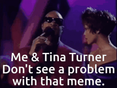 A Picture Of A Man And A Woman With The Caption " Me & Tina Turner Don 'T See A Problem With That Meme " . GIF