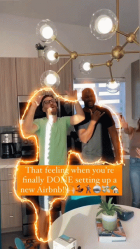 A Picture Of A Man And A Woman With The Caption That Feeling When You 'Re Finally Done Setting Up Airbnb GIF