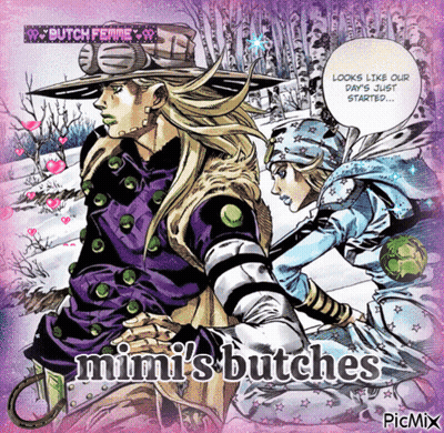 A Picture Of A Man And A Woman With The Words Mimi 'S Butches On It GIF
