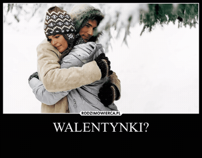 A Picture Of A Man And Woman Hugging In The Snow With The Words Walentynki On The Bottom GIF