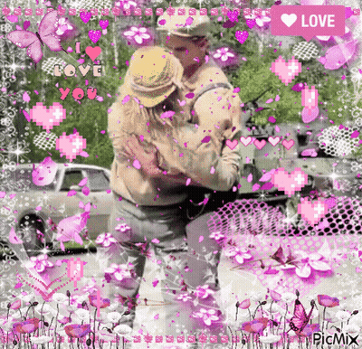 A Picture Of A Man And Woman Hugging Surrounded By Pink Flowers And Hearts With A Love Button GIF