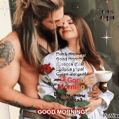 a picture of a man and woman hugging with the words good morning