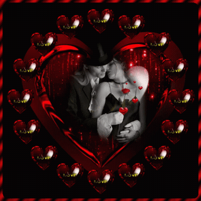 A Picture Of A Man And Woman Kissing In A Heart Surrounded By Hearts With The Word Love On Them GIF