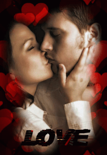 A Picture Of A Man And Woman Kissing With The Word Love On The Bottom Right GIF