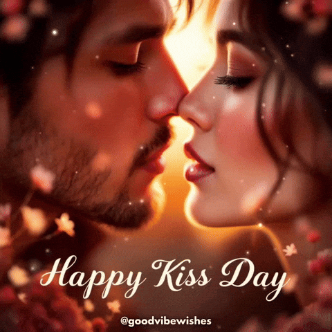A Picture Of A Man And Woman Kissing With The Words Happy Kiss Day Below Them GIF