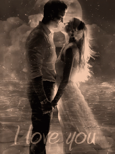 A Picture Of A Man And Woman Kissing With The Words " I Love You " Below Them GIF