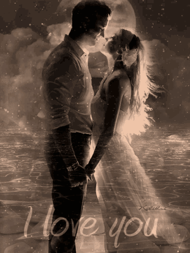 A Picture Of A Man And Woman Kissing With The Words I Love You On The Bottom GIF