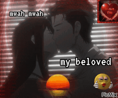 A Picture Of A Man And Woman Kissing With The Words " My Beloved " GIF