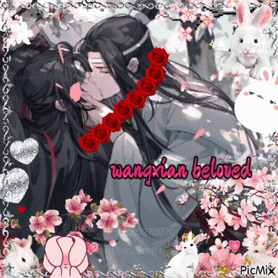 A Picture Of A Man And Woman Kissing With Wangxian Beloved Written On The Bottom GIF