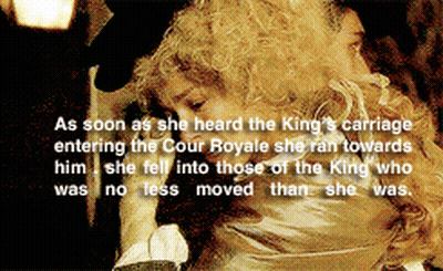 A Picture Of A Man And Woman With The Caption As Soon As She Heard The King 'S Carriage Entering The Cour Royale She GIF
