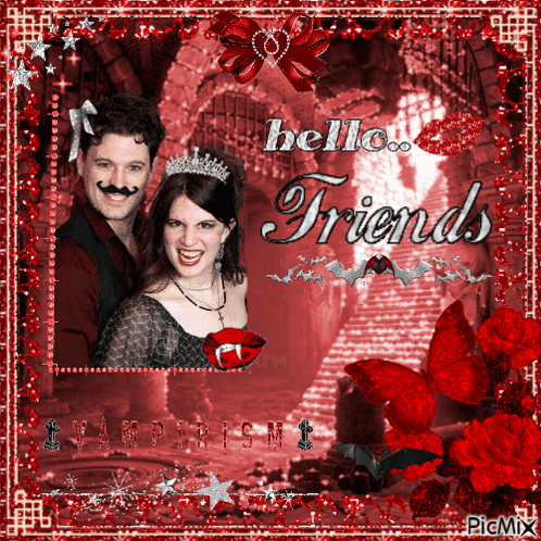 A Picture Of A Man And Woman With The Words Hello Friends On The Bottom GIF
