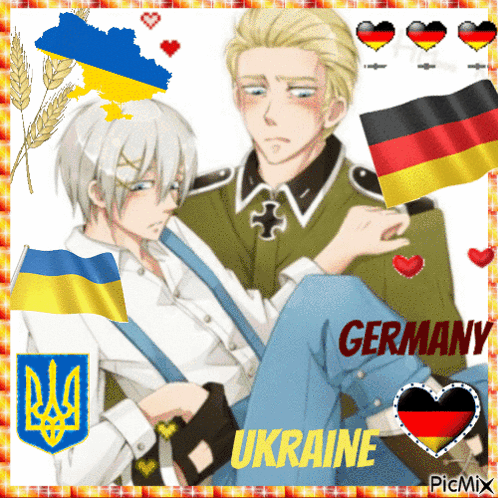 A Picture Of A Man Carrying Another Man With The Words Germany Ukraine On It GIF
