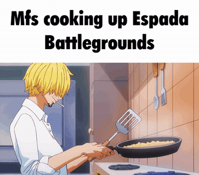 A Picture Of A Man Cooking With The Words Mfs Cooking Up Espada Battlegrounds Below Him GIF
