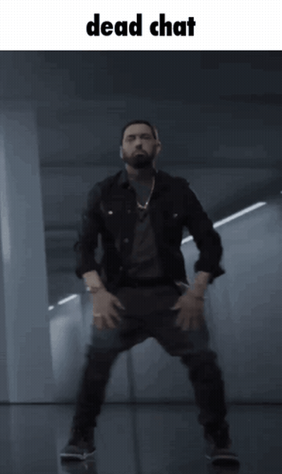 A Picture Of A Man Dancing With The Words Dead Chat On The Bottom GIF