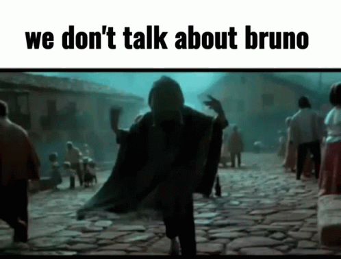 A Picture Of A Man Dancing With The Words We Do N't Talk About Bruno Below Him GIF