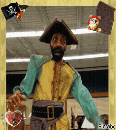A Picture Of A Man Dressed As A Pirate With A Picture Of A Cat And A Pirate Flag Behind Him GIF