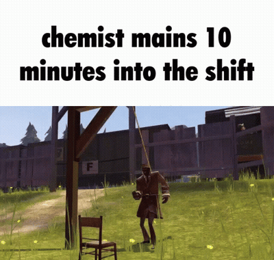 A Picture Of A Man Hanging From A Rope With The Words Chemist Mains 10 Minutes Into The Shift GIF