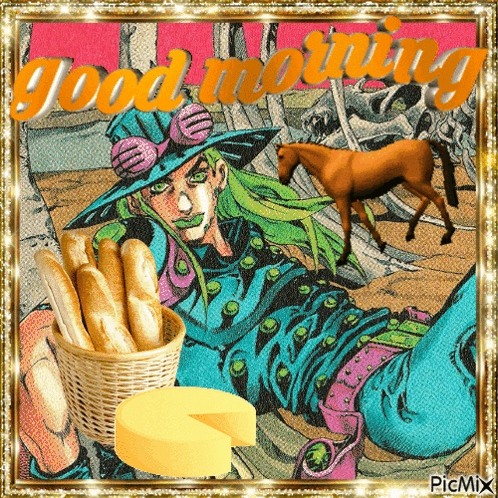 A Picture Of A Man Holding A Basket Of Bread And Cheese With The Words Good Morning Written On It GIF