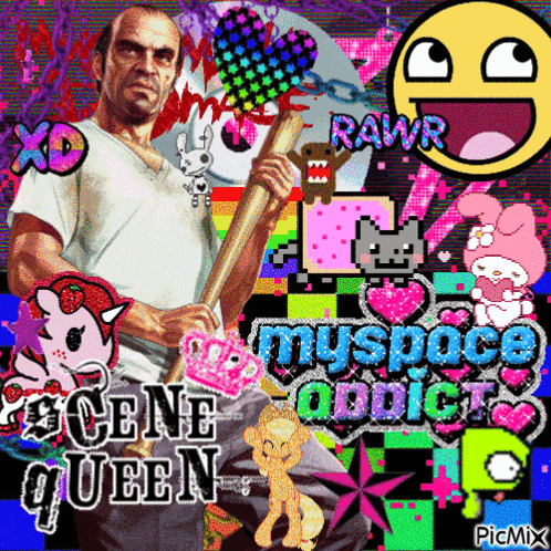 A Picture Of A Man Holding A Bat With The Words " Scene Queen " On It GIF