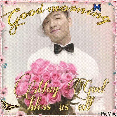 A Picture Of A Man Holding A Bouquet Of Pink Roses With The Words Good Morning May God Bless Us All GIF