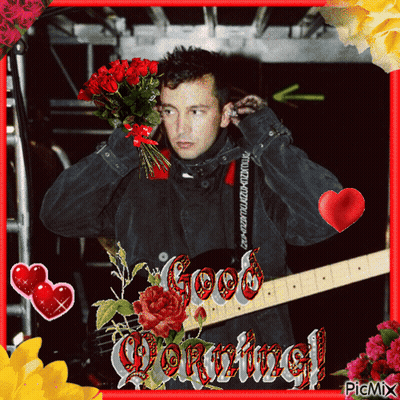 A Picture Of A Man Holding A Bouquet Of Roses With The Words Good Morning Written On It GIF