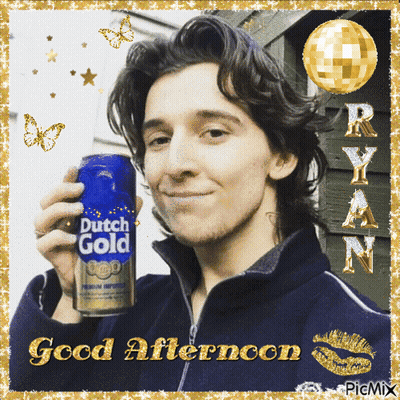 A Picture Of A Man Holding A Can Of Dutch Gold Says Good Afternoon GIF