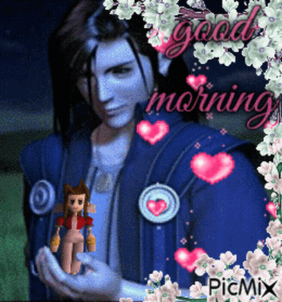 A Picture Of A Man Holding A Doll With The Words Good Morning On It GIF