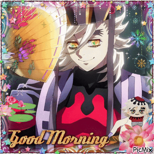 A Picture Of A Man Holding A Fan With The Words Good Morning On It GIF