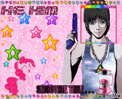 A Picture Of A Man Holding A Gun And A Blender With The Words He Him Smoothie Time On It GIF