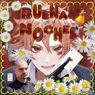 A Picture Of A Man Holding A Playing Card With The Words Buenas Noches Written On It GIF