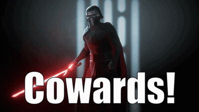 A Picture Of A Man Holding A Red Light Saber With The Words Cowards Behind Him GIF
